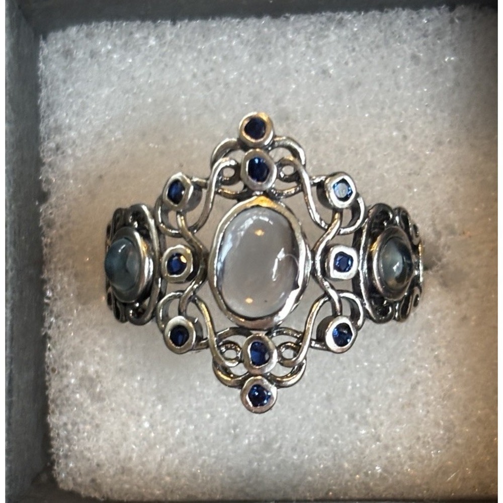 2CT Aquamarine & Treated Sapphire 925 Sterling Silver Filigree Ring Sz 8